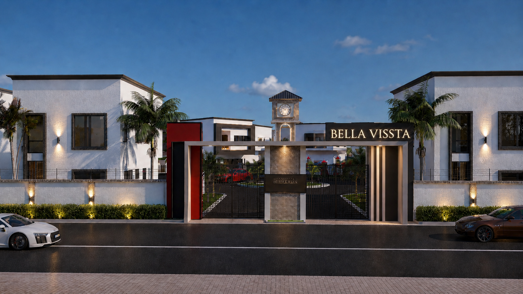 The BellaVista entrance illuminated at night